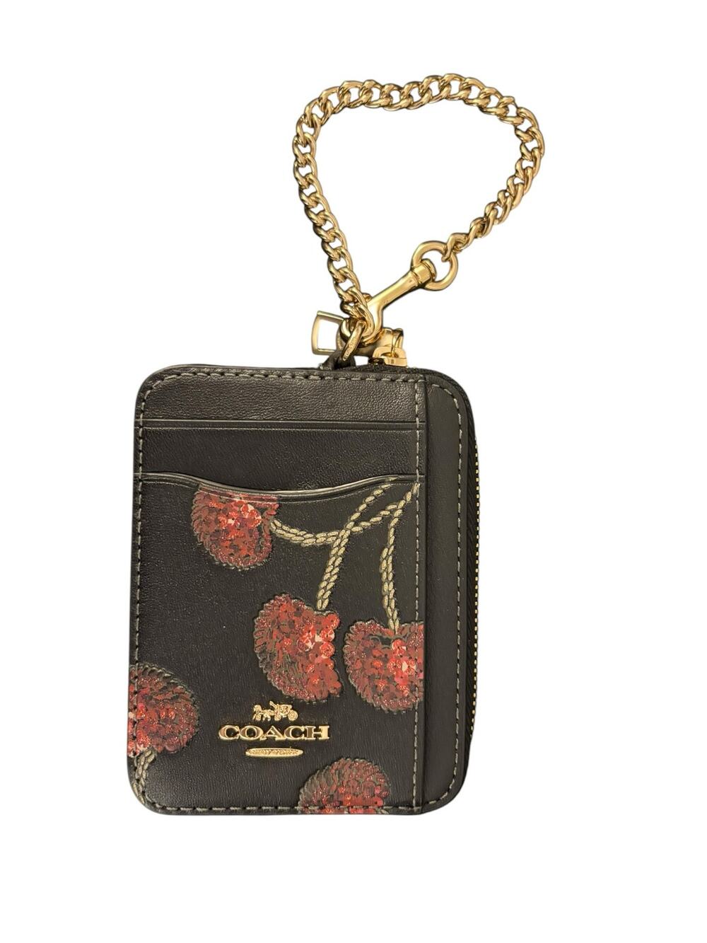 Coach NEW IN BOX Wallet Card Case Cherry Print Gold Tone Chain Strap Limited Ed.
